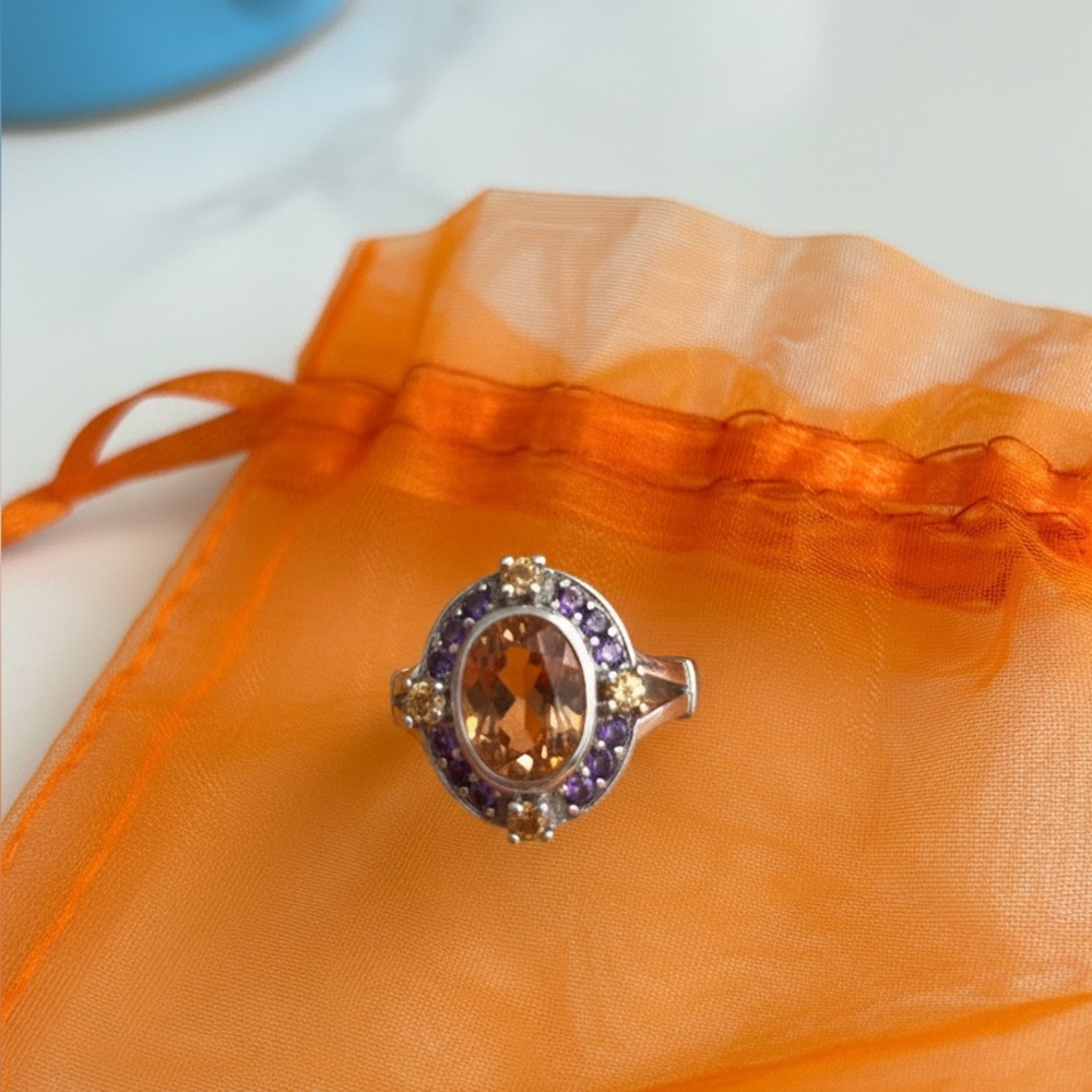 Elegant 925 sterling silver citrine and amethyst ring
